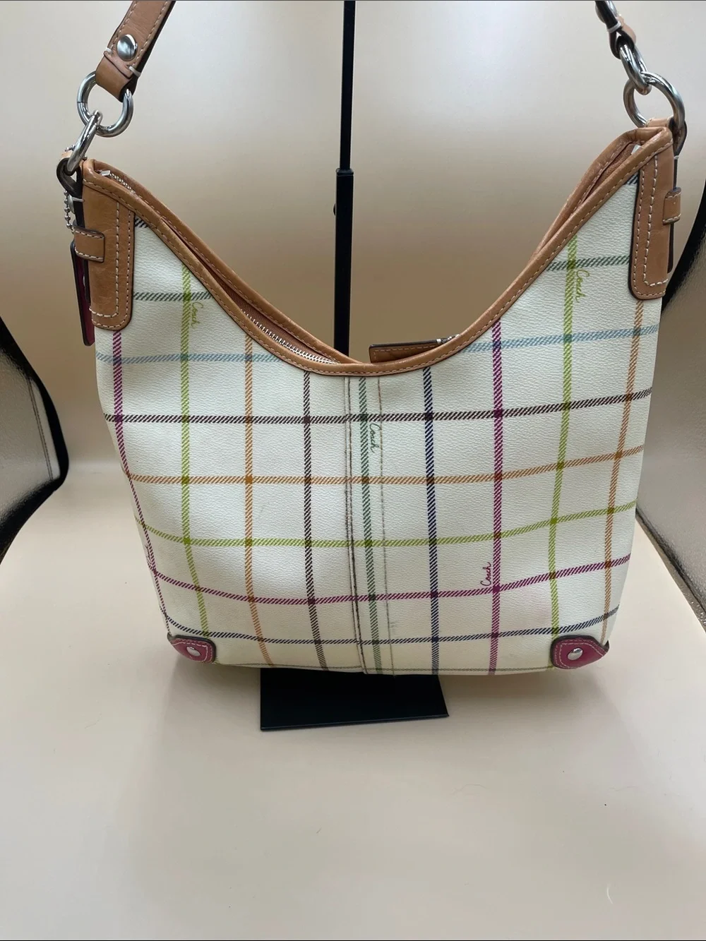 Coach Tattersol Cream Plaid Shoulder Bag with Pink Stripe